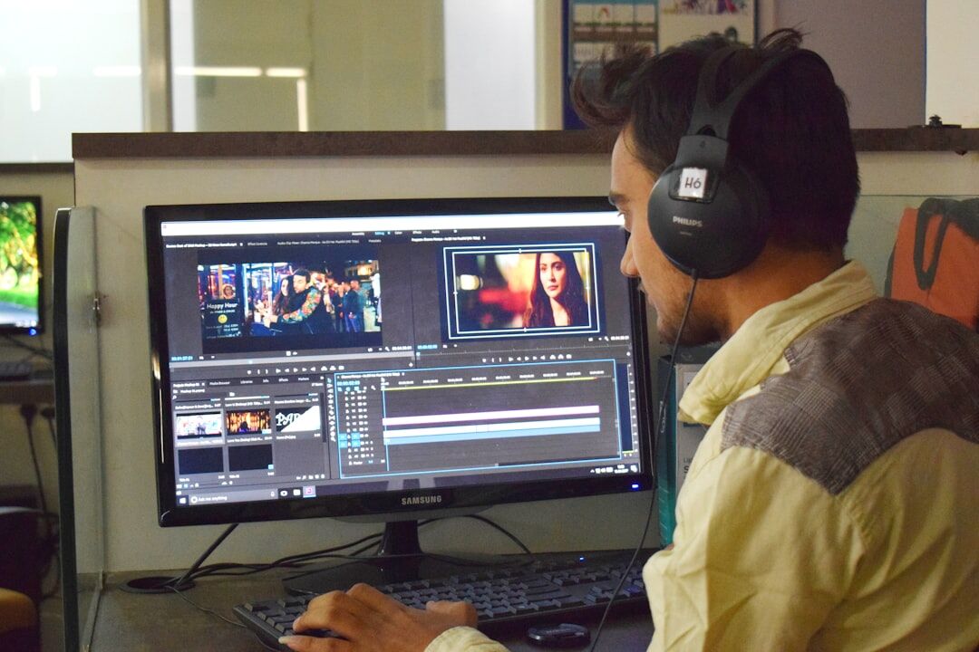 Video editor working on post-production with editing software on computer